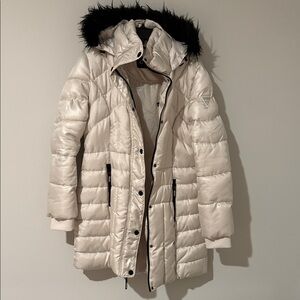 Guess Ivory Puffer Jacket with Black Faux Fur Hood